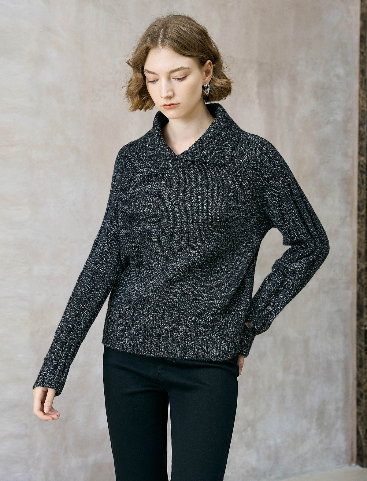Charcoal Wool-Blend Shawl Collar Sweater
