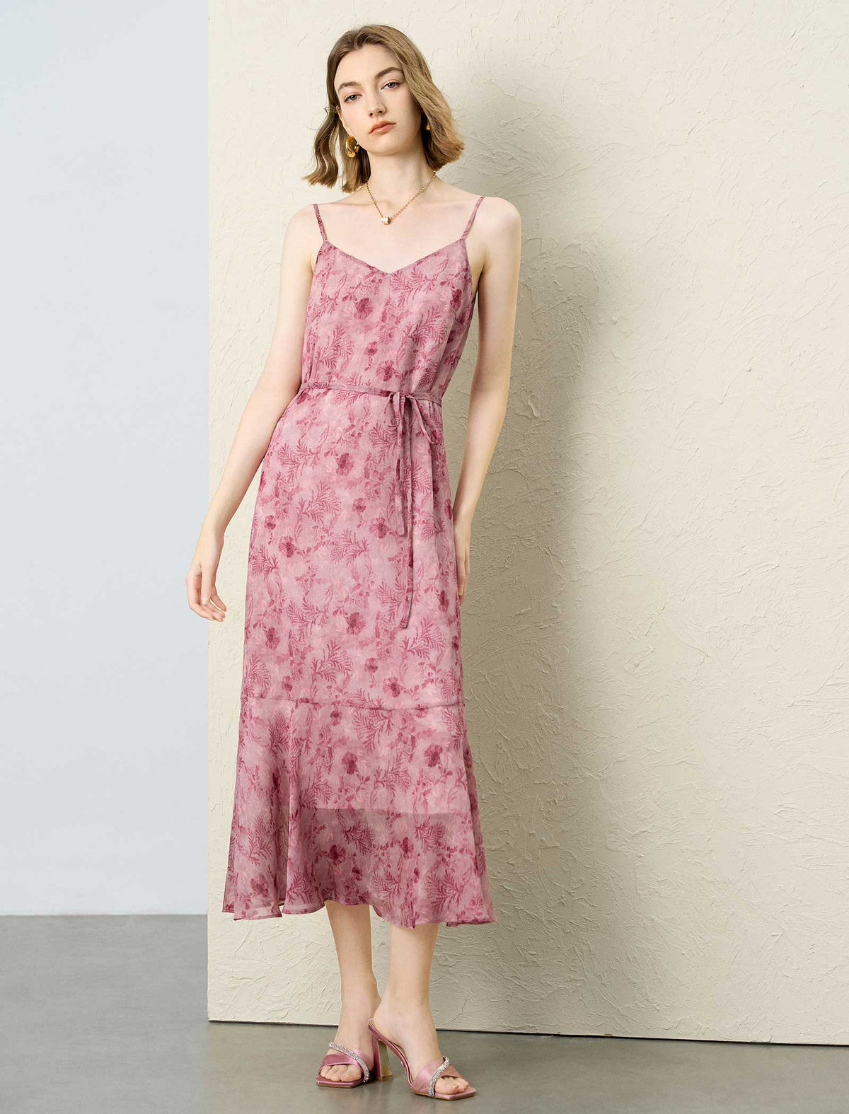Dusty Pink Floral Print Adjustable Strap Tie Waist Midi Slip Dress