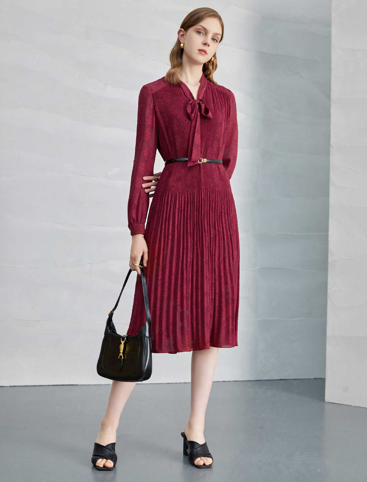Burgundy Pleated Tie Neck Midi Dress