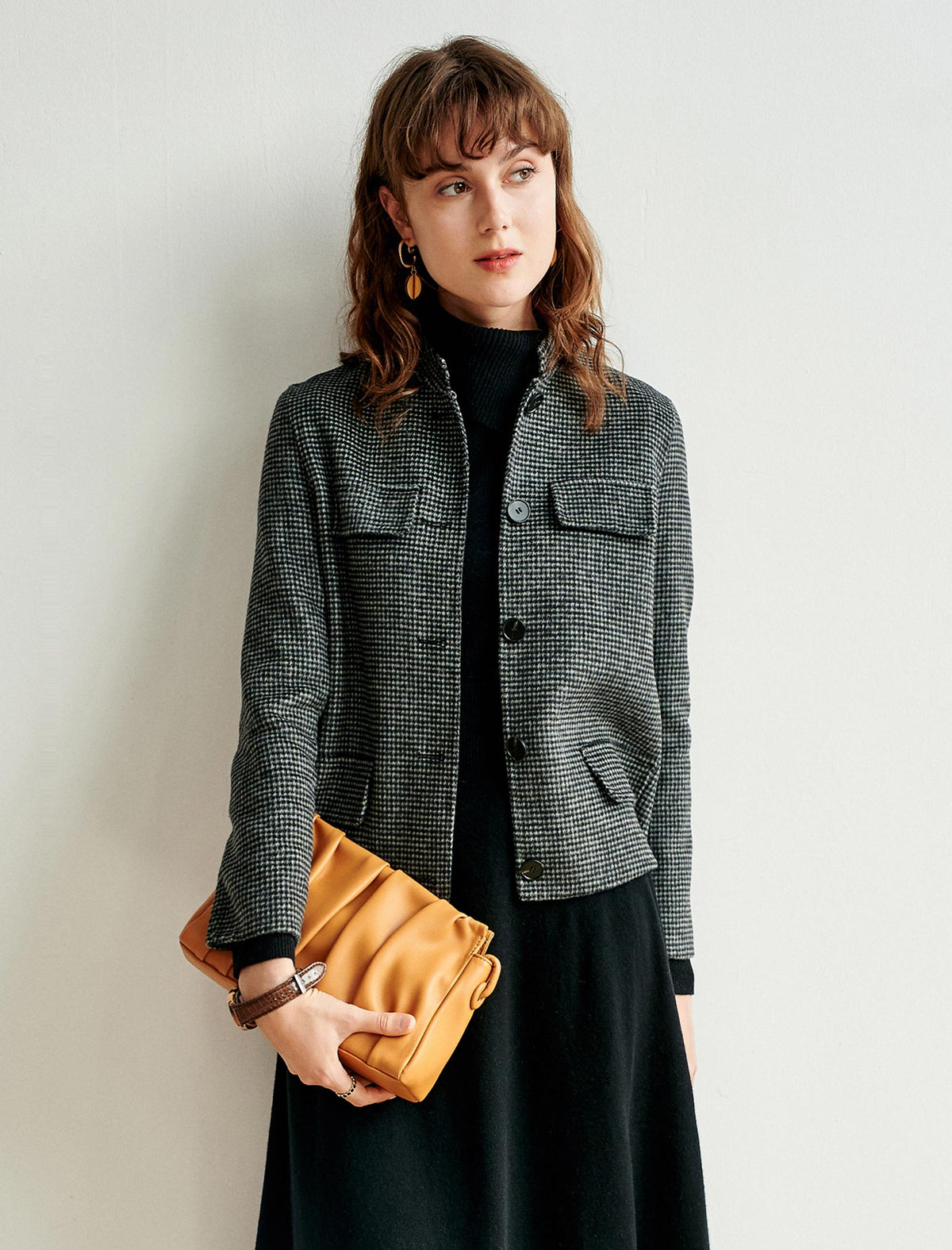 Wool Blend Plaid Long Sleeve Straight-Fit Jacket