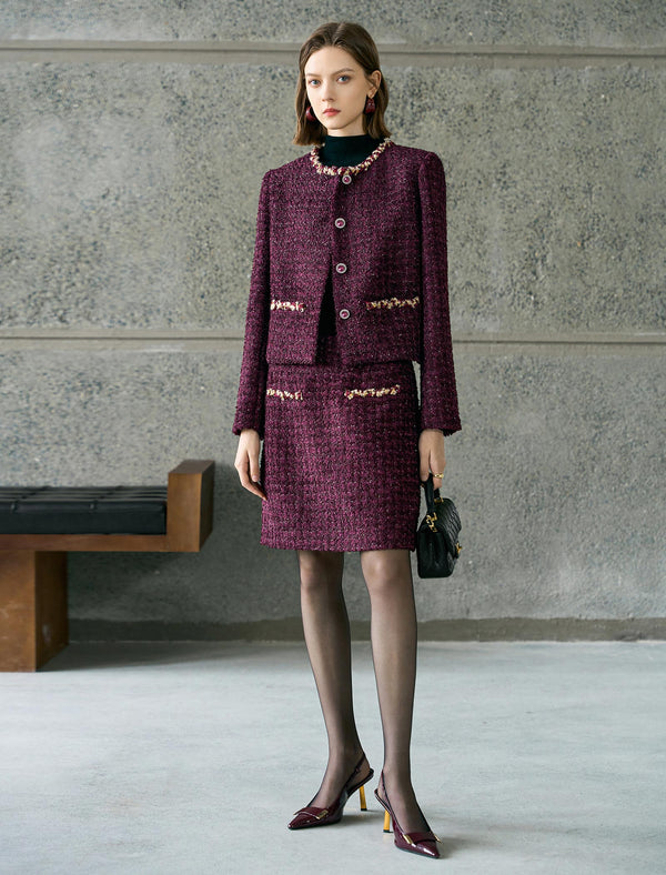 Burgundy Tweed Wool-Blend Mini Skirt