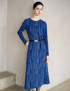 Abstract Stripe Belted Long Sleeve Midi Dress