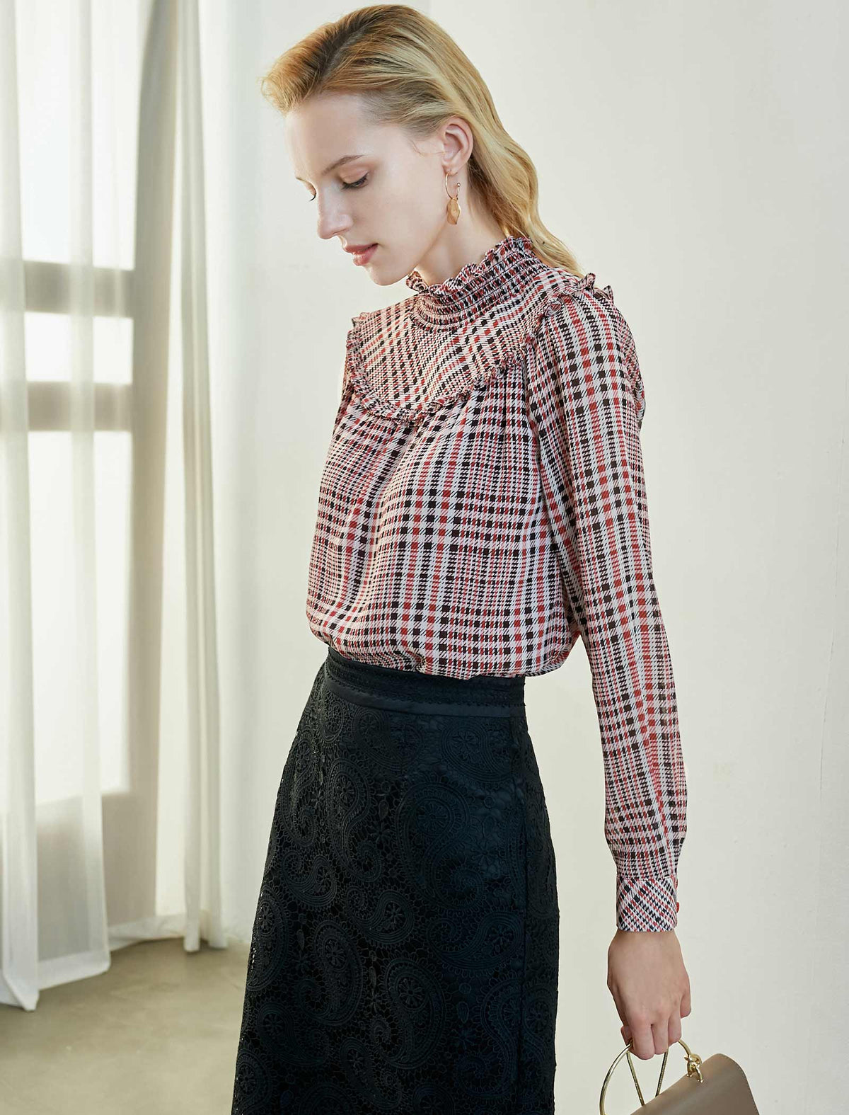 Plaid Ruffled Mock-Neck Blouse