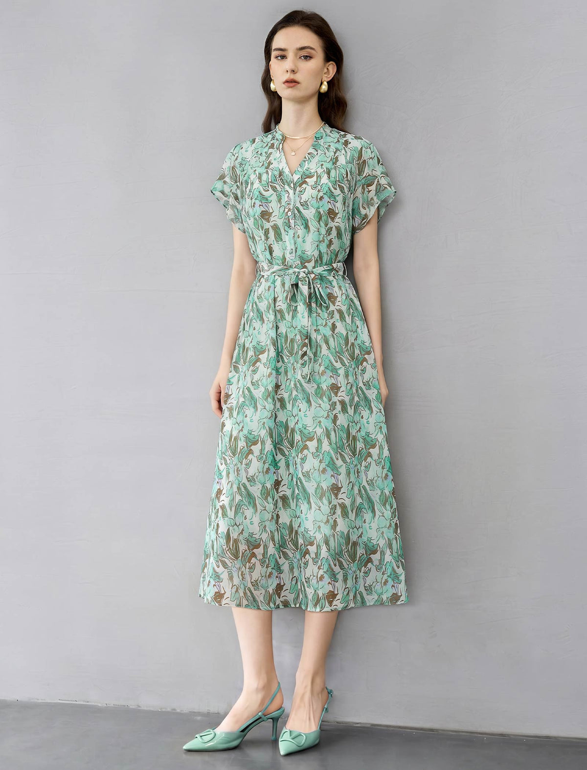 Green Floral V-Neck Tie Waist Midi Chiffon Dress