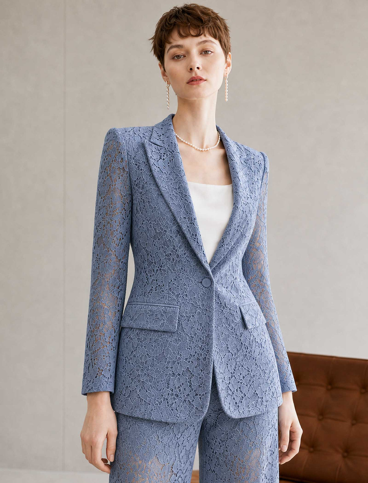 Dusty Blue Lace Tailored Blazer