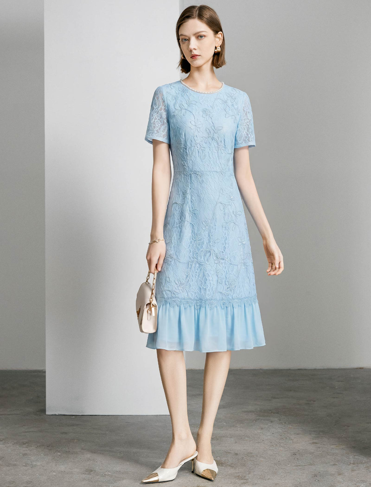 Light Blue Lace Ruffle Hem Midi Dress