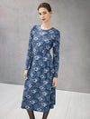 Floral Print Ruched-Waist Long Sleeve A-Line Midi Dress