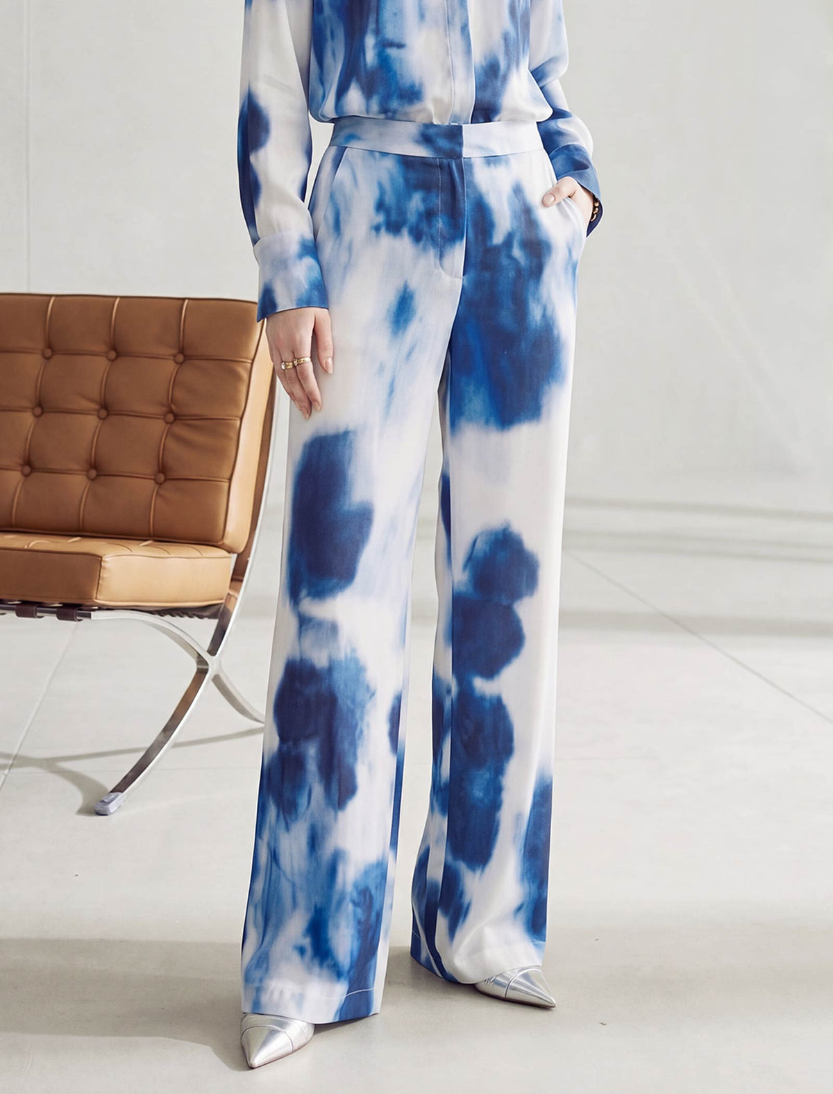 Blue And White Tie-Dye Silk Wide Leg Pants