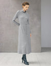 Textured Turtleneck Pearl-Chain Belted Long Sleeve Midi Dress