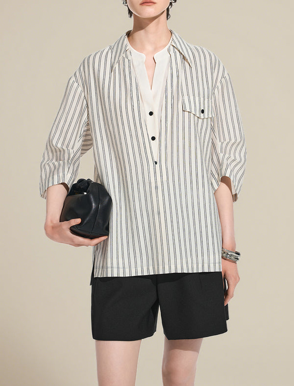 Fake Two-Piece Half-Placket Collared Blouse