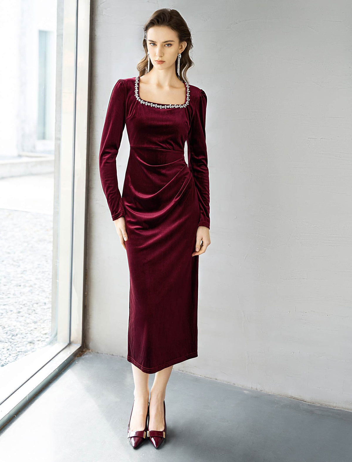Burgundy Velvet Embellished Midi Dress