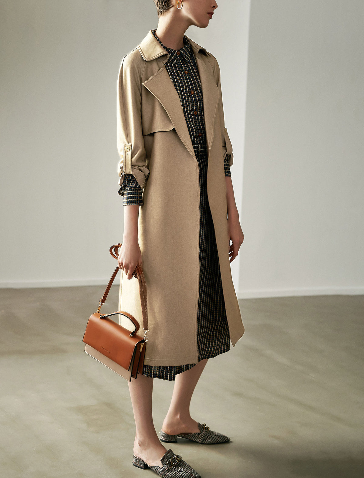Textured Collared Button-Front Belted Trench Coat
