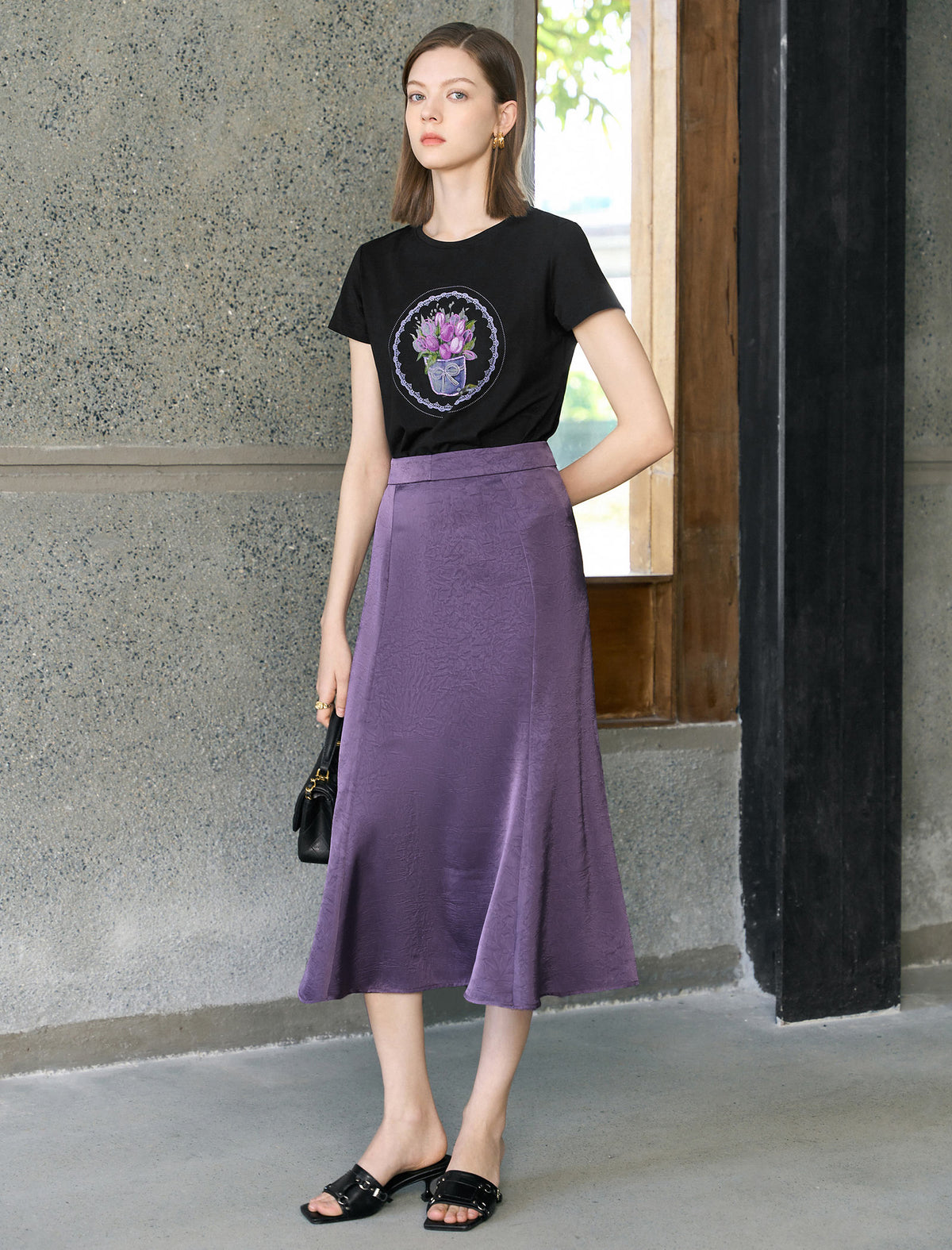Purple Textured Satin Mermaid Midi Skirt