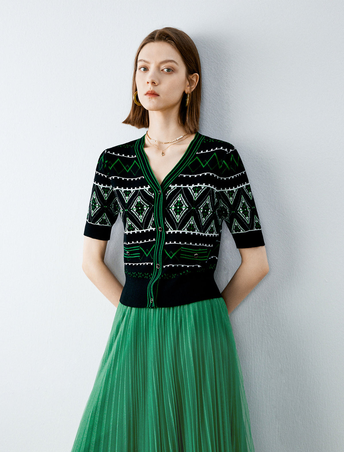 Retro Geo Jacquard Knit Short‑Sleeve Cardigan