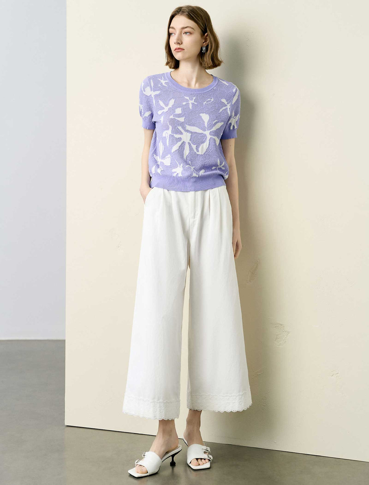 Lace Trim High Waist Cropped Wide Leg Pants