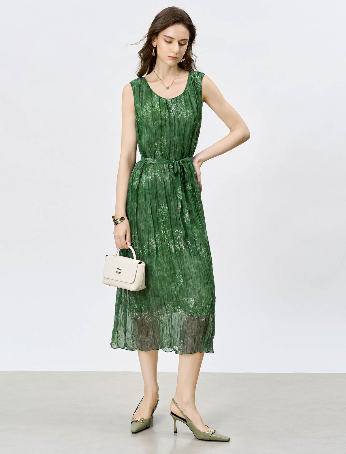 Emerald Green Crinkled Metallic Floral Midi Dress