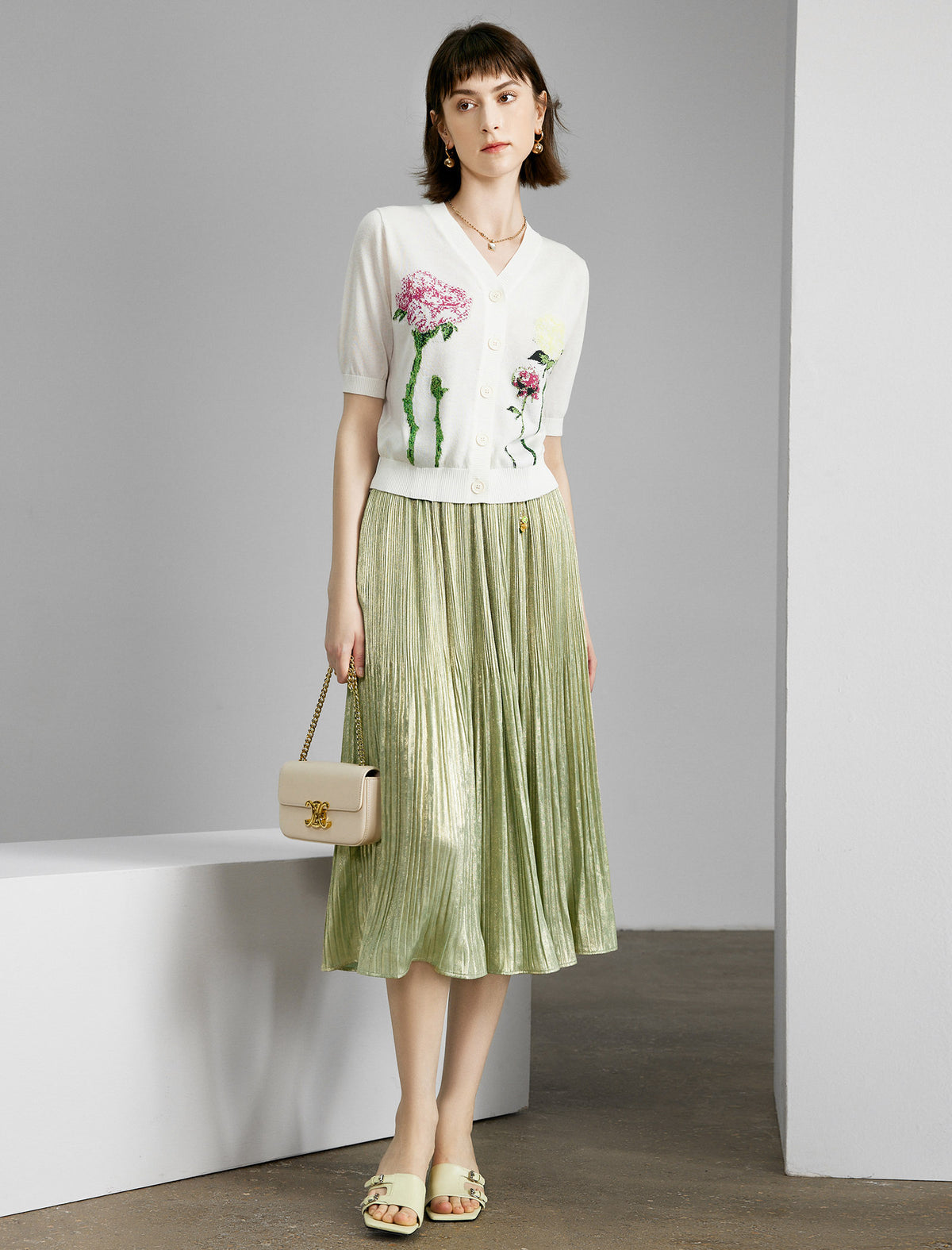 Solid Color Pleated Midi Skirt
