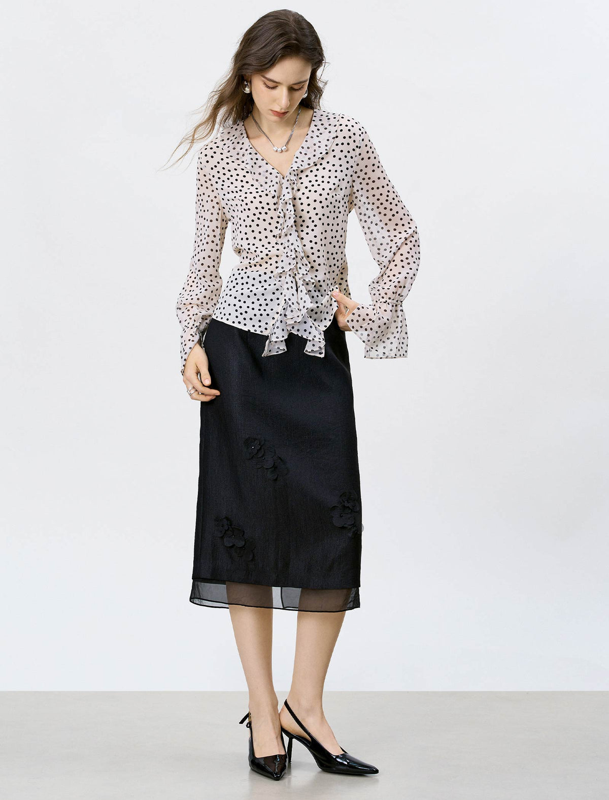 Black Polka Dot Ruffled Chiffon Blouse