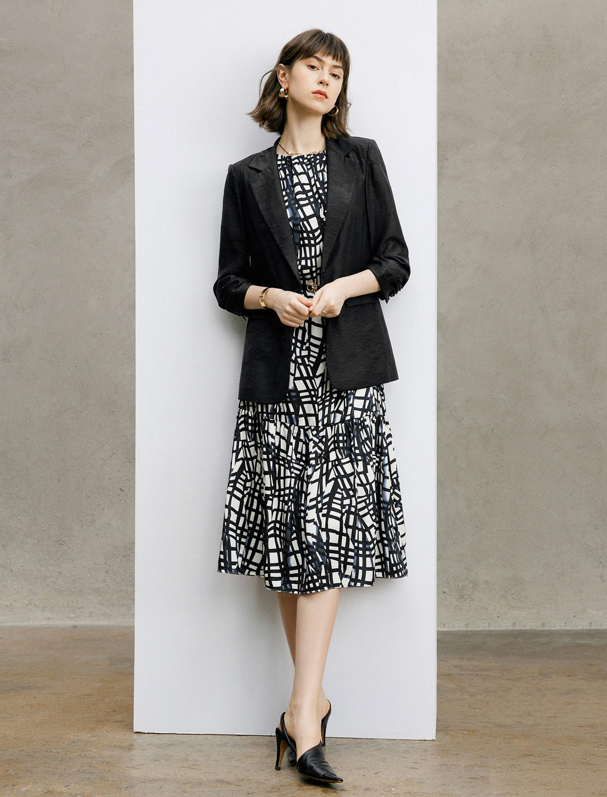 Tencel Ruched Sleeves Textured Tailored Blazer