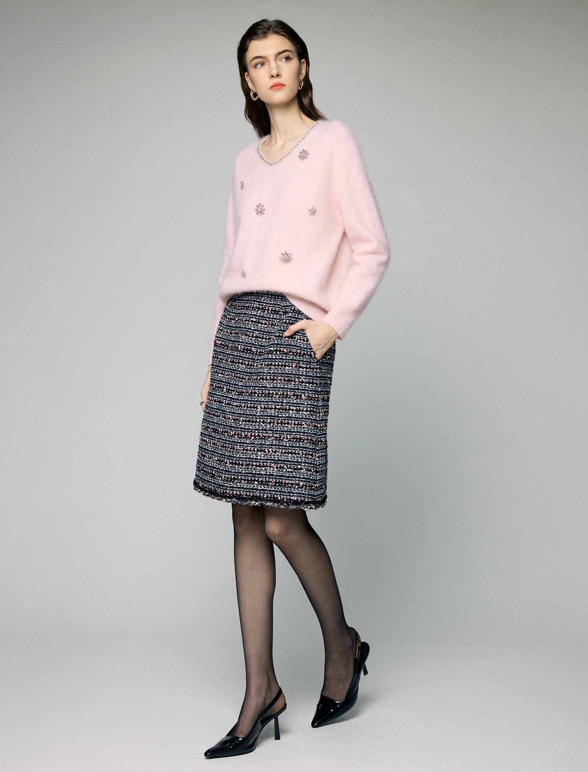 Wool Blend Braided-Trim High-Waist A-Line Skirt