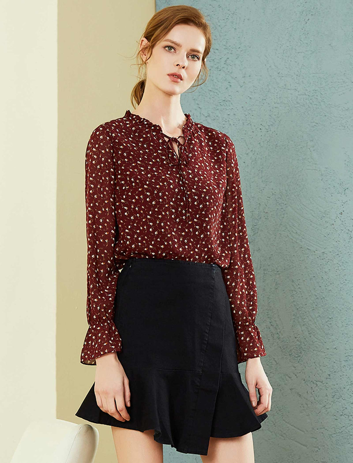 Burgundy Ditsy Print Blouse