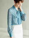 Teal Geometric Tie-Neck Blouse