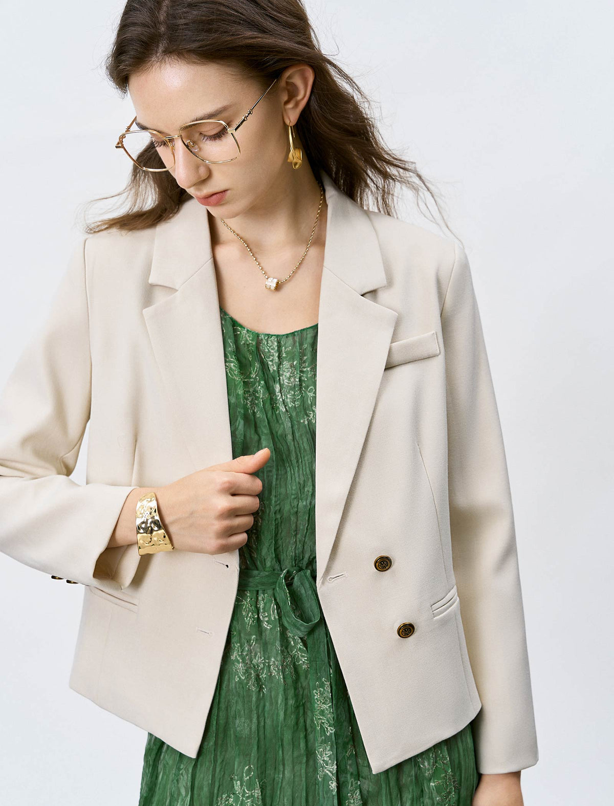 Oatmeal Cropped Double-Breasted Blazer