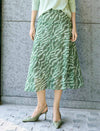 Green Abstract Print Pleated Midi Skirt