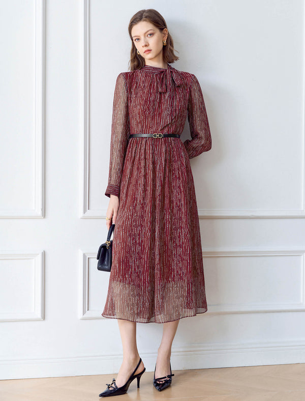 Tie-Neck Striped Print Midi Dress