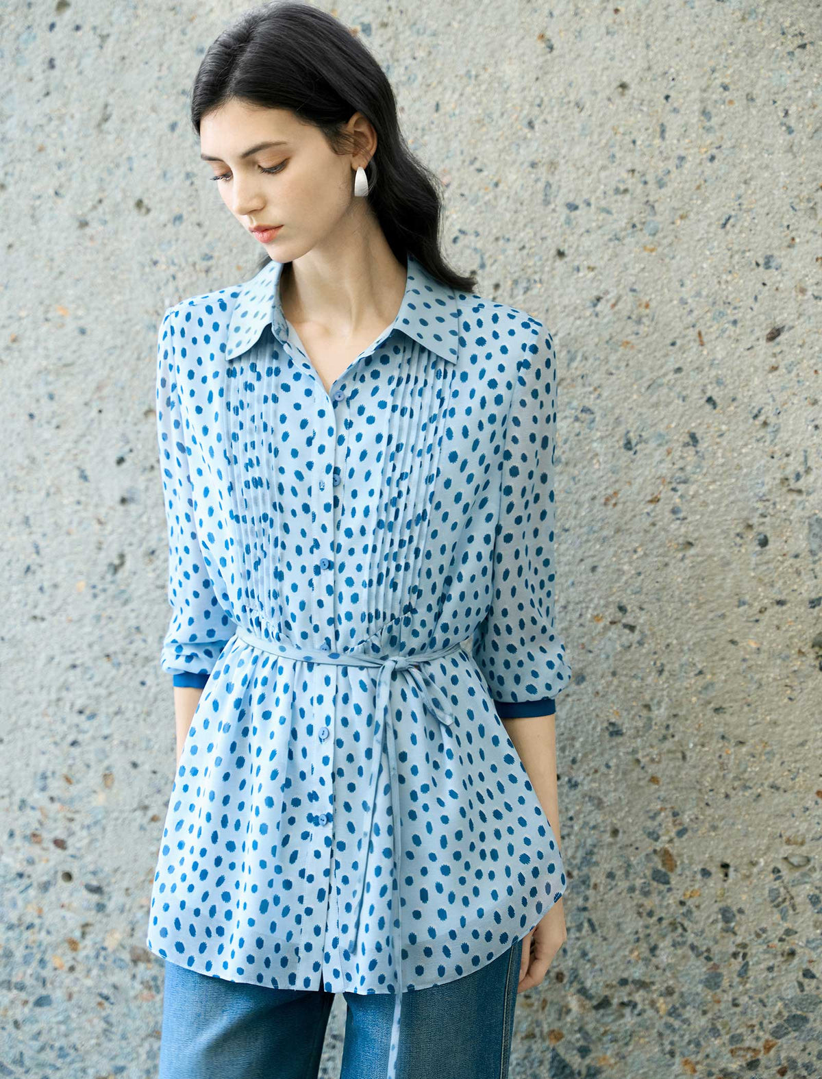 Light Blue Polka Dot Belted Shirt