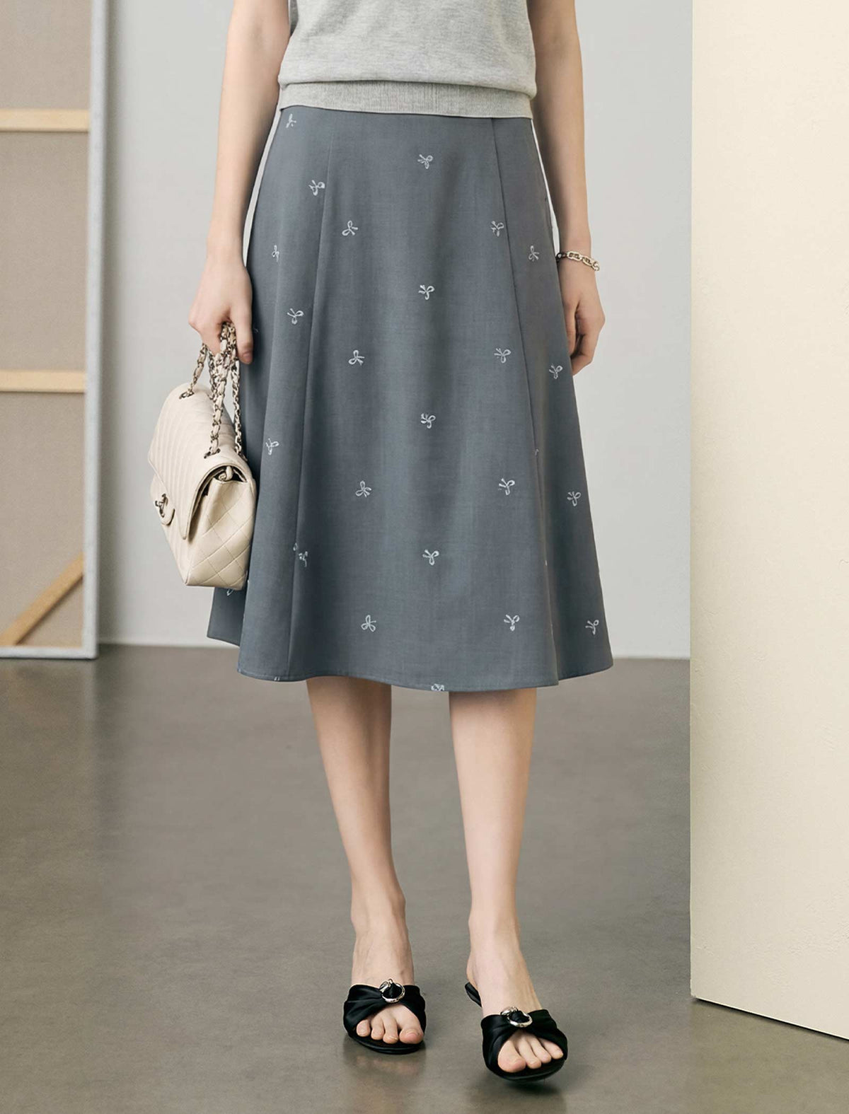 Grey Mini Bow Embroidery A-Line Midi Skirt