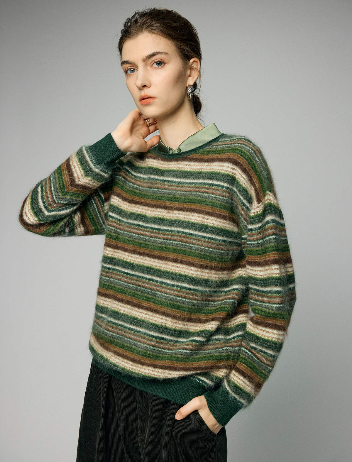Wool and Mulberry Silk Blend Striped Crewneck Relaxed Sweater
