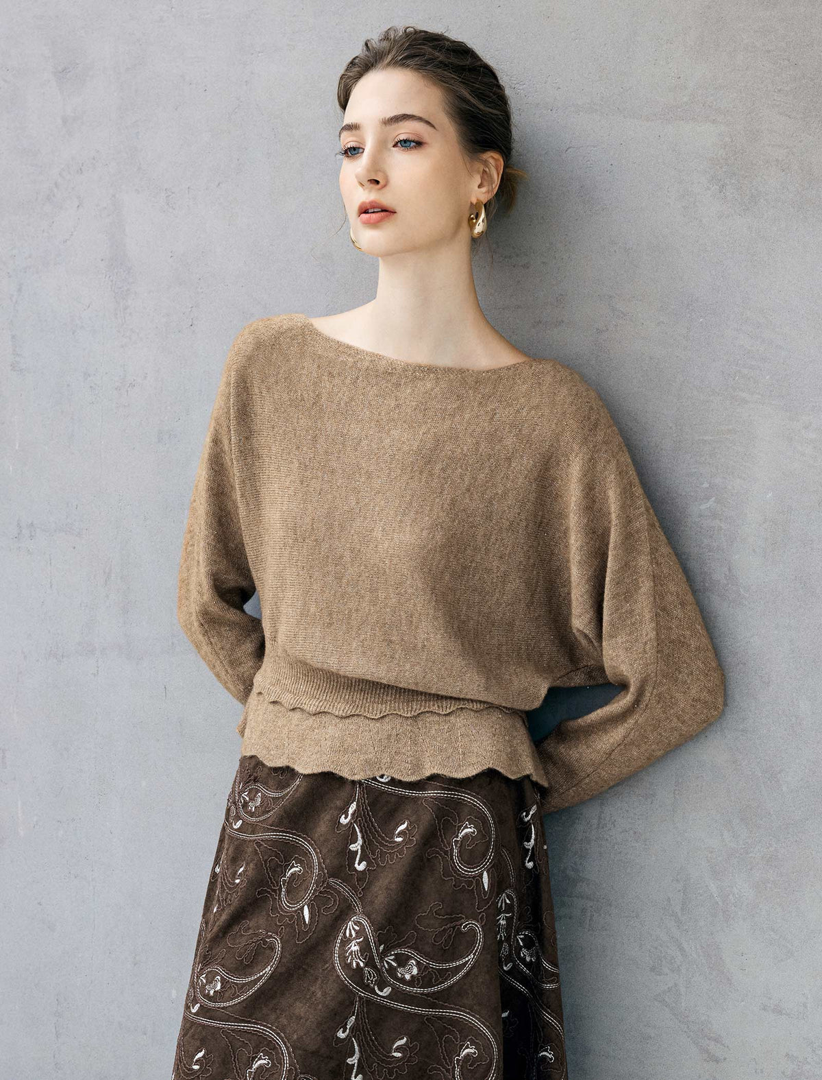 Wool Blend Ruched Boatneck Drop-Shoulder Sweater