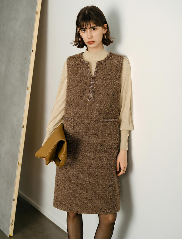 Brown Wool Loose Sleeveless Midi Dress