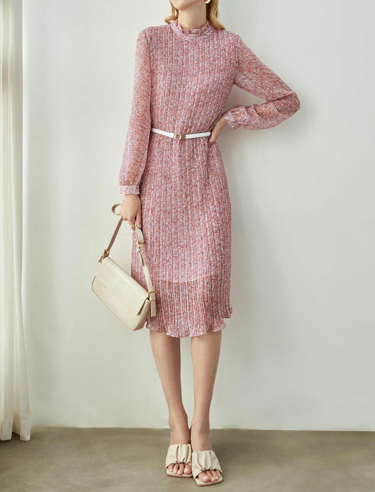 Blush Pink Textured Ruffled Neck Midi Dress