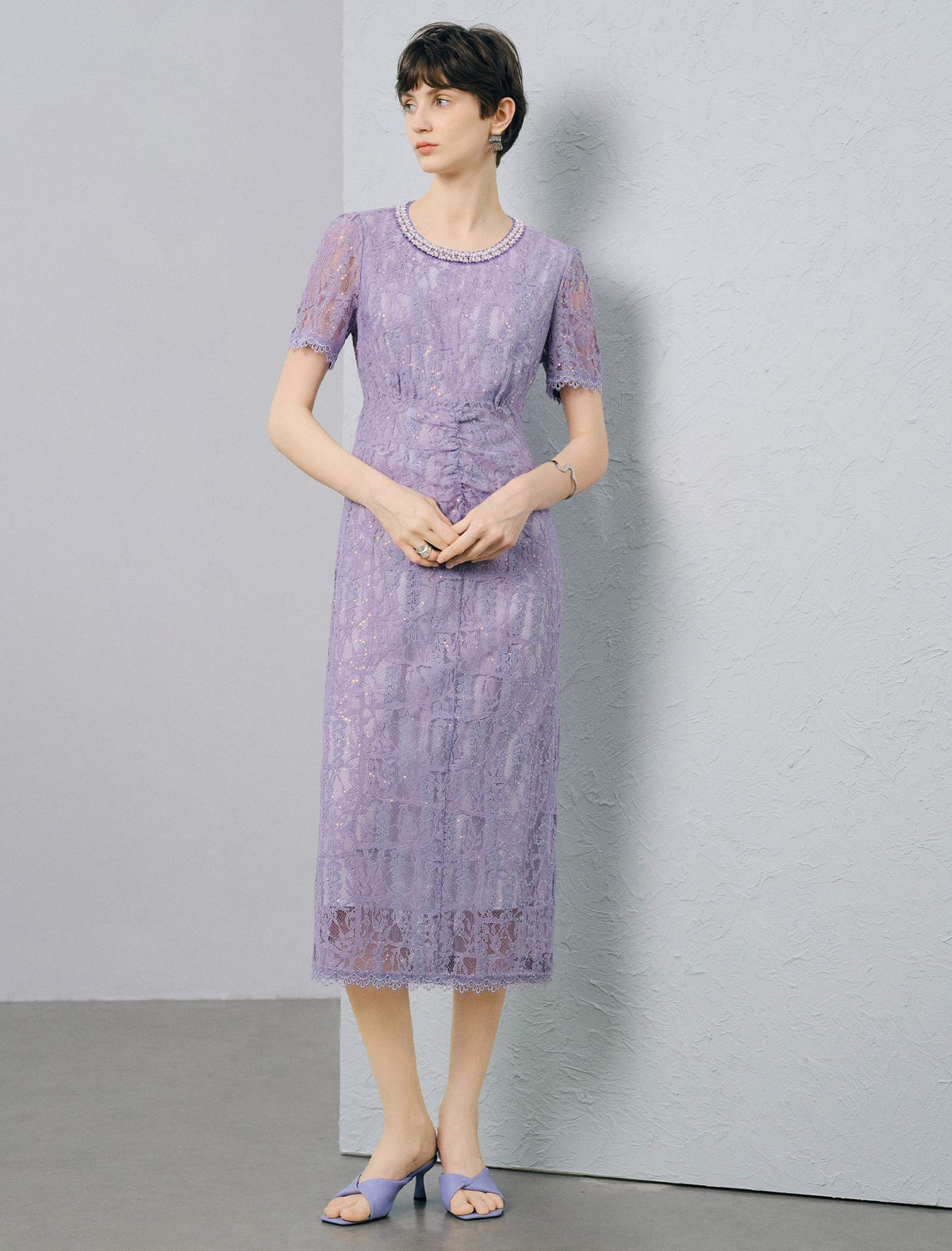 Lavender Sequin Lace Beaded Neck Ruched Waist Midi Dress