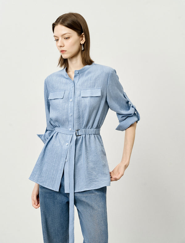 Tencel Blend Textured Belted Shirt