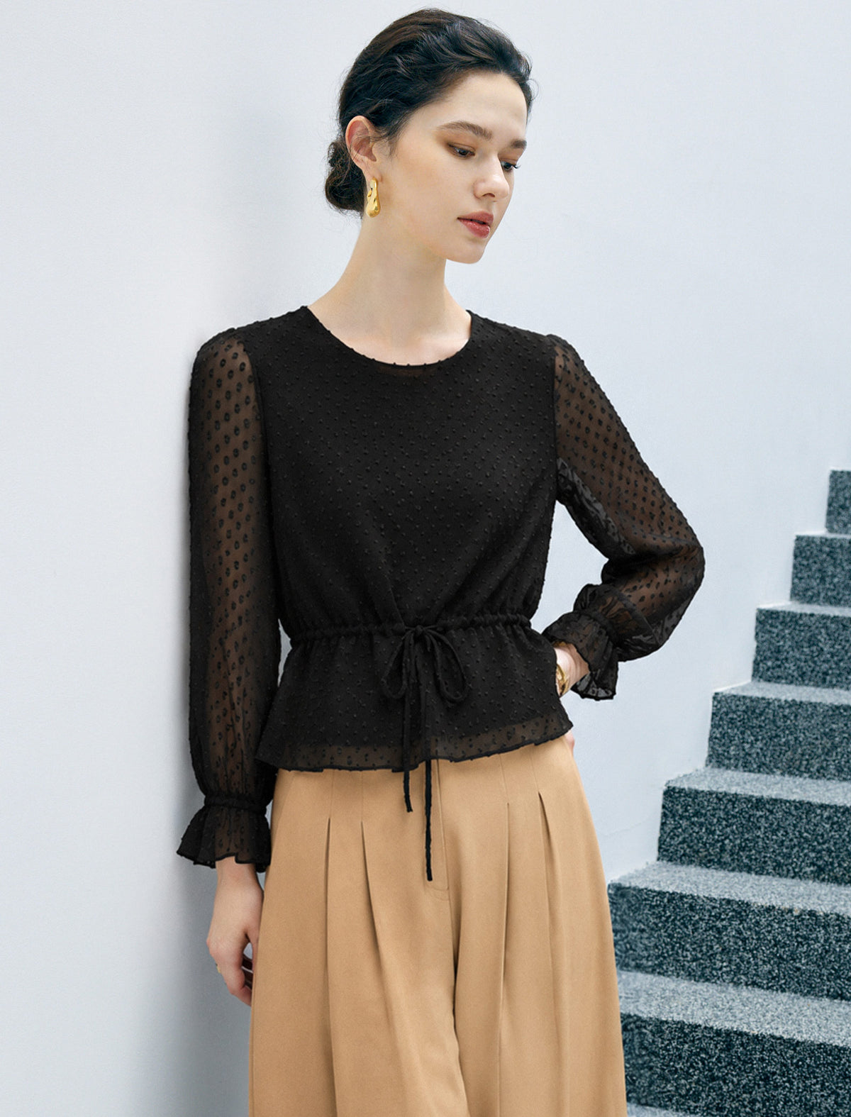 Polka Dot Crewneck Drawstring Cropped Top