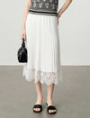 White Pleated Lace-Hem Midi Skirt