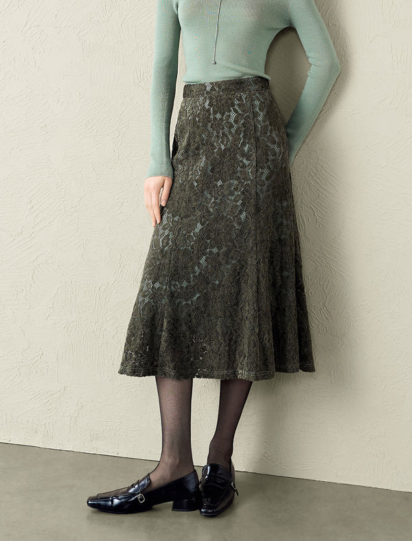 Olive Green Lace Midi Skirt