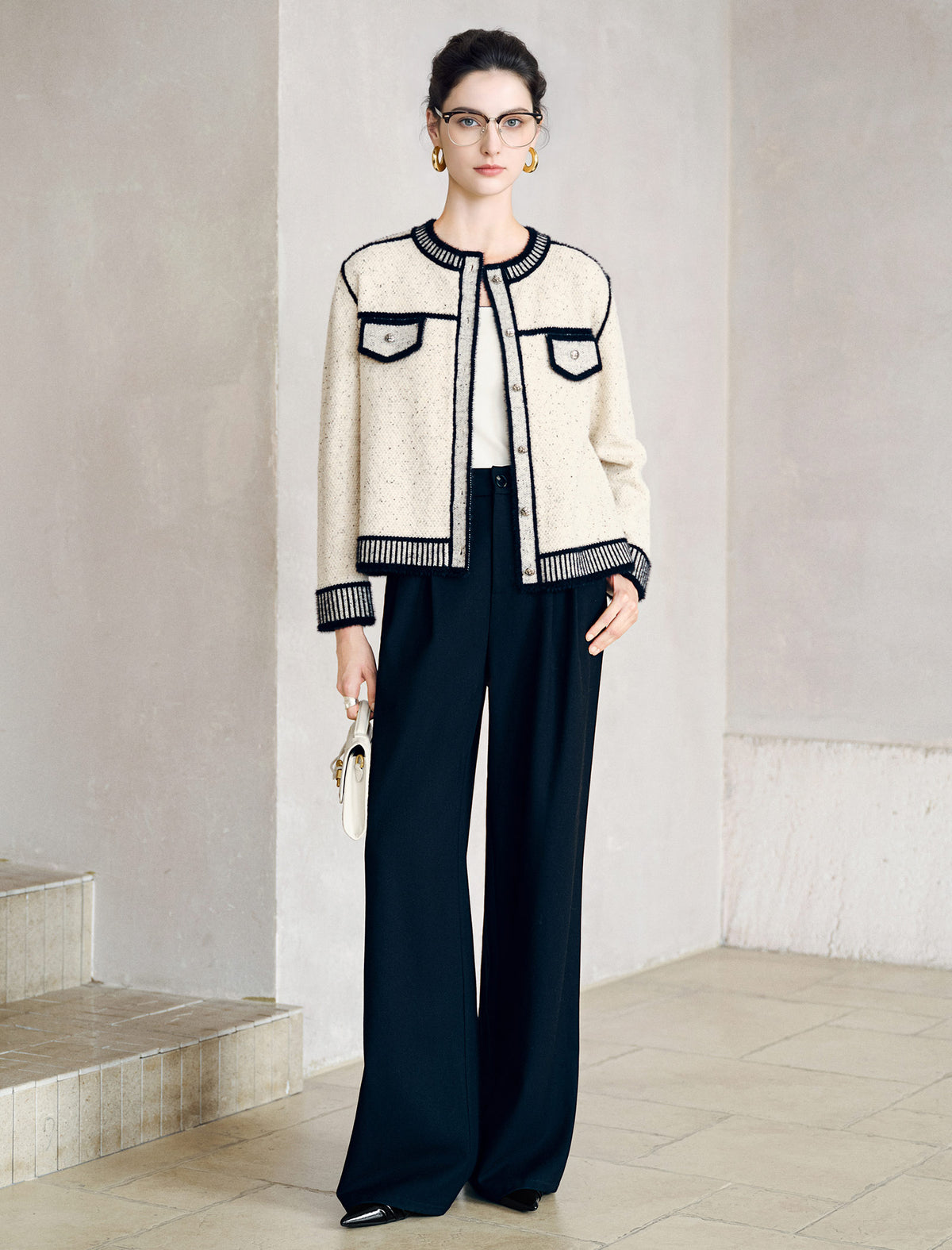 Contrast Trim Cropped Knit Jacket