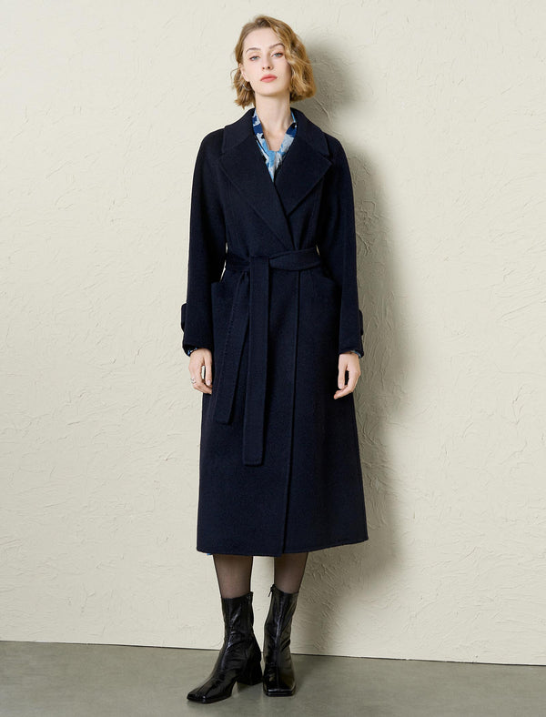 Navy Wool-Cashmere Blend Self-Tie Coat