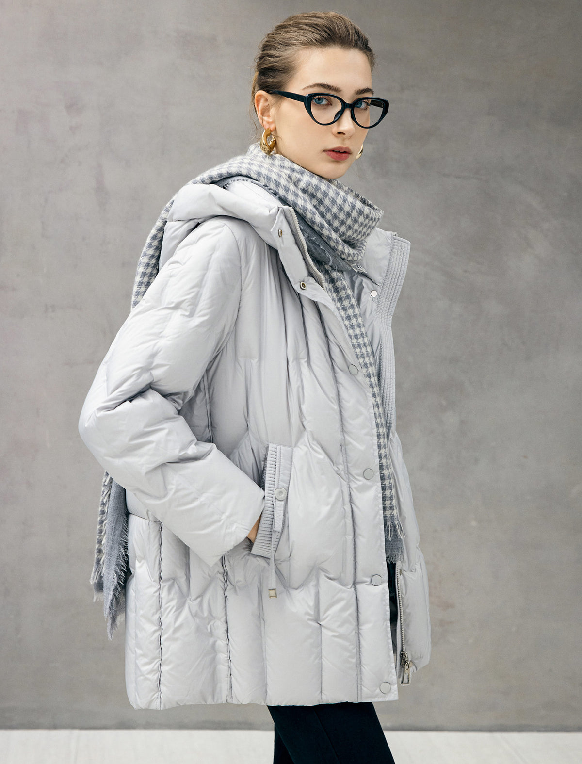 Hooded Seamless-Quilted Zip-Front Mid-Length Puffer Coat