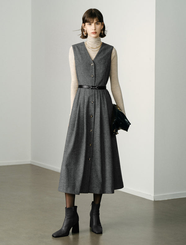 Wool V-Neck Minimalist Sleeveless Midi Dress