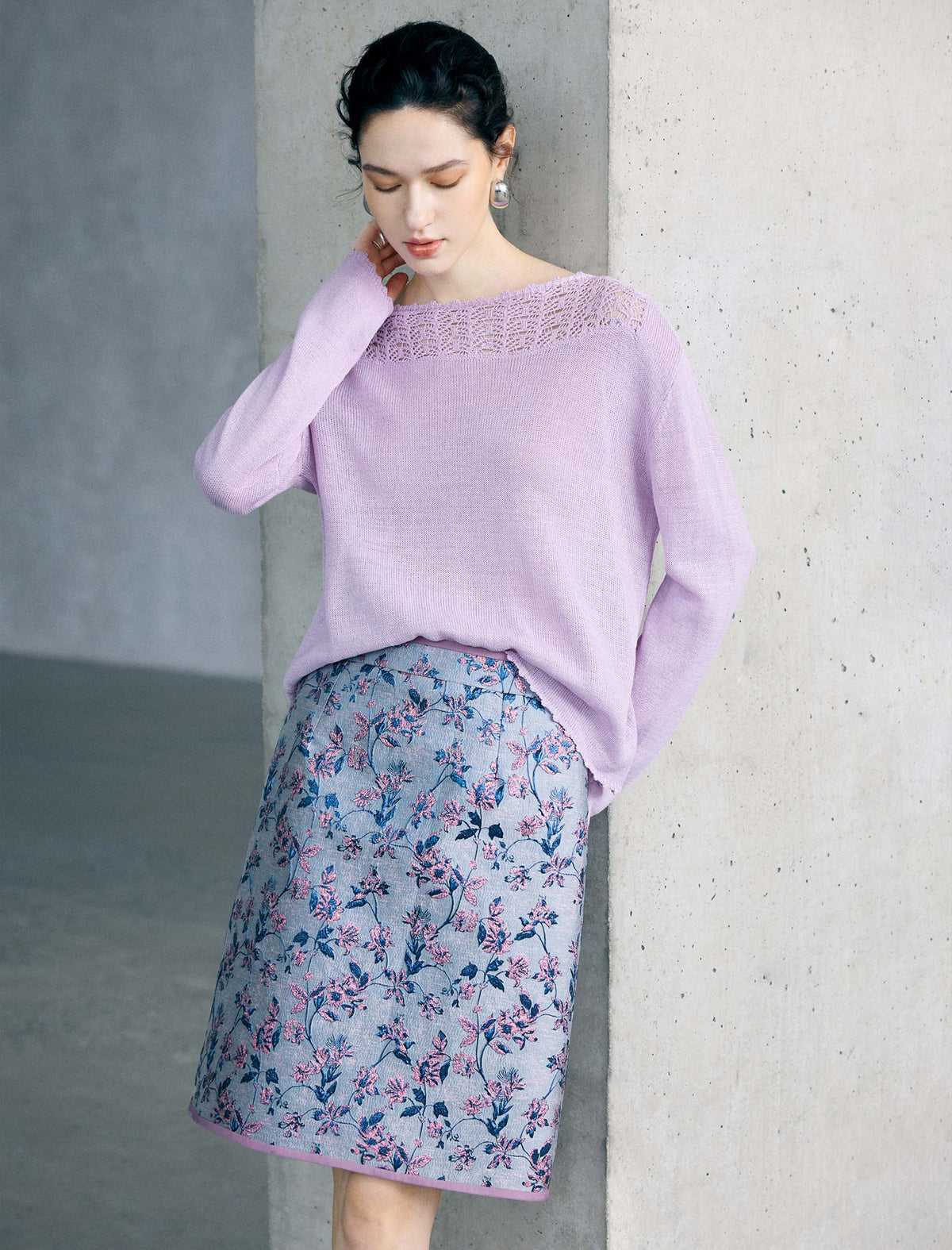 Wool Blend Pointelle Yoke Crew Neck Sweater