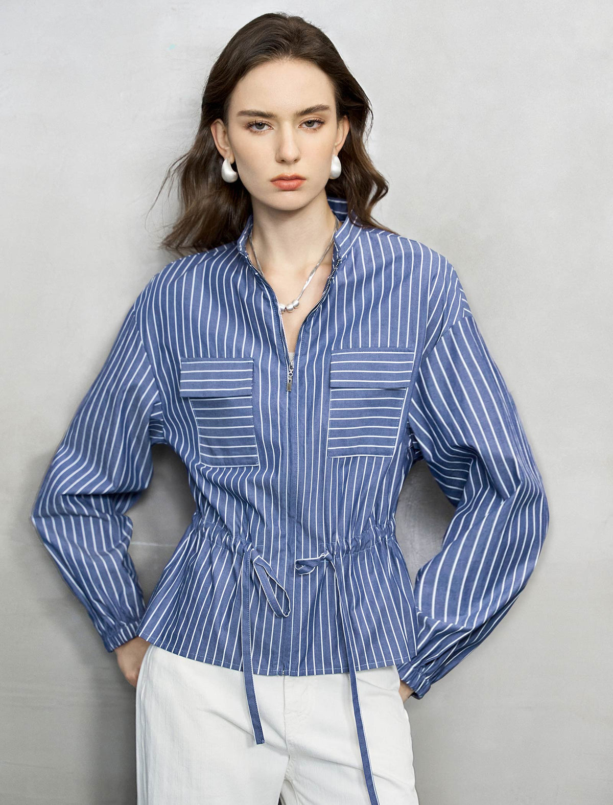Navy And White Stripe Zip-Front Cinched Blouse