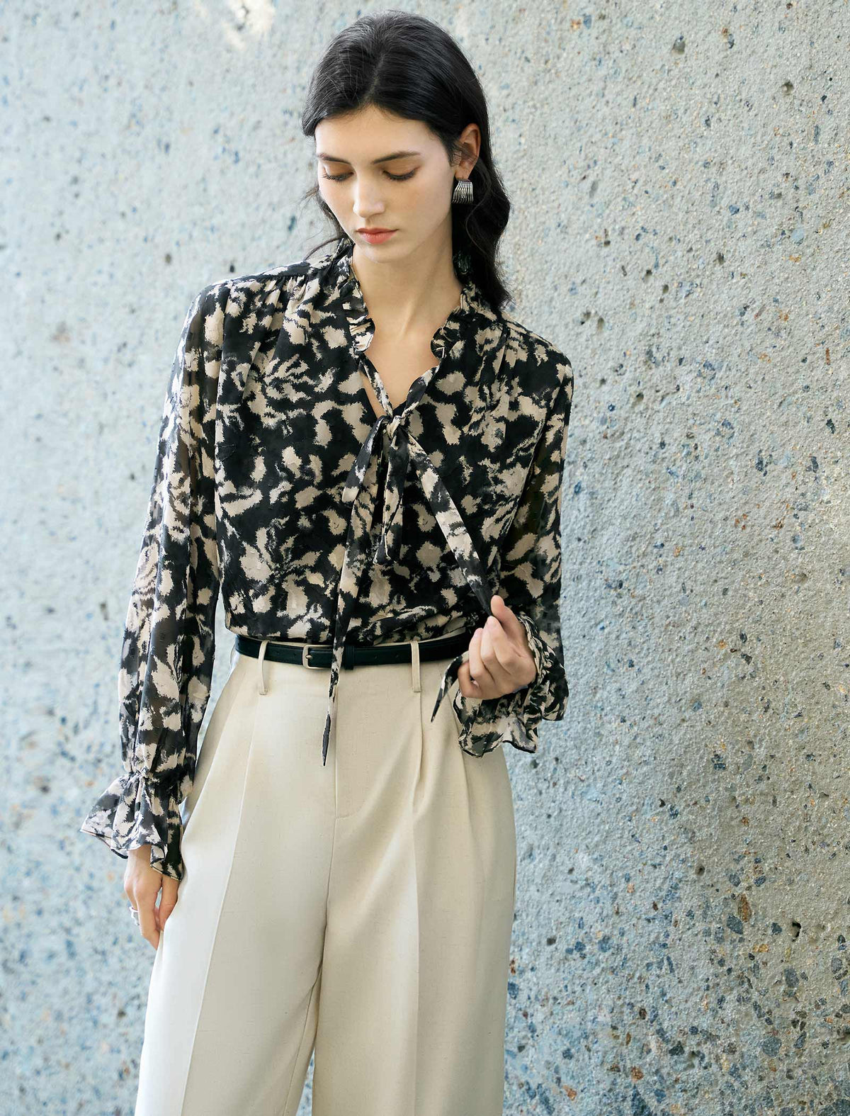 Black Tie-Dye Tie-Neck Blouse