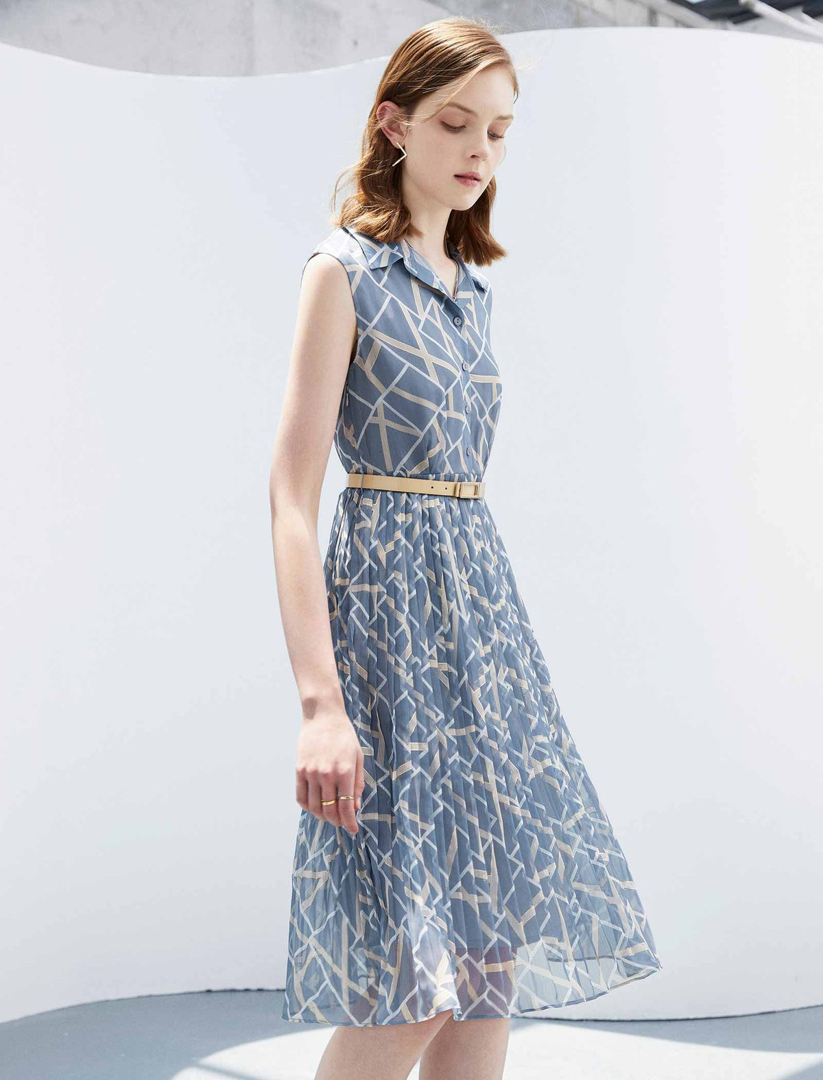 Waist-Cinched Sleeveless Shirt Pleated Dress