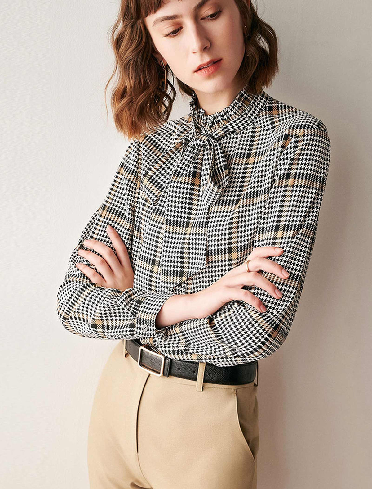 Plaid Tie Neck Blouse