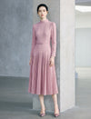 Mock Neck Belted Long Sleeve Pleated Midi Dress